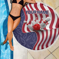 American Flag Bowling Pin Strike Graphic Beach Blanket with Custom Name and Pattern Background - Wonder Print Shop