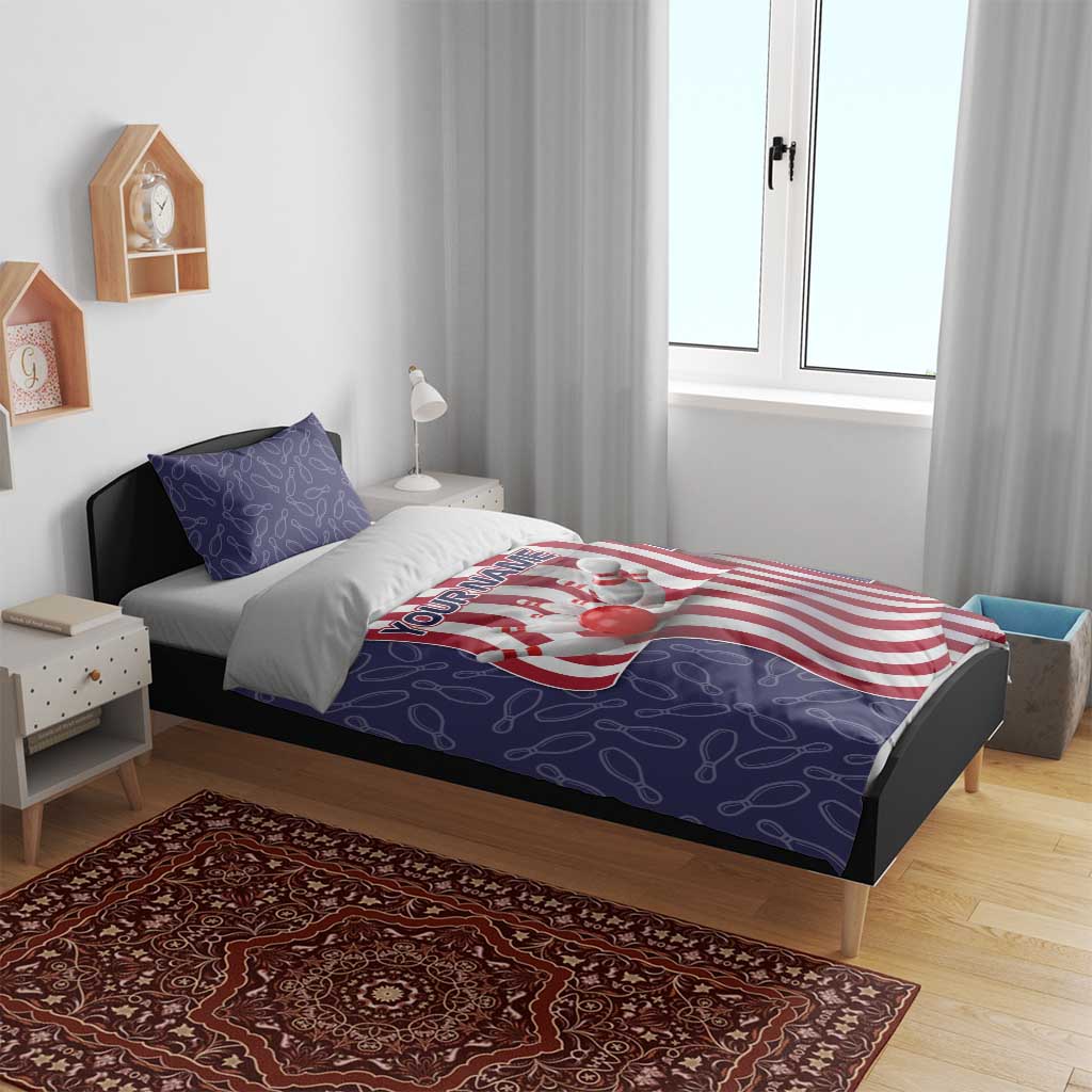 American Flag Bowling Pin Strike Graphic Bedding Set with Custom Name and Pattern Background - Wonder Print Shop