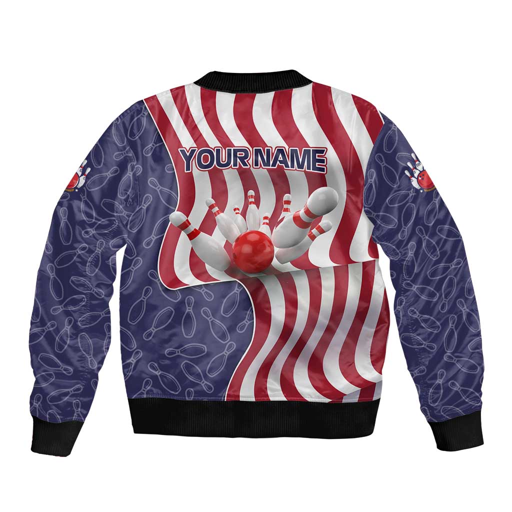 American Flag Bowling Pin Strike Graphic Bomber Jacket with Custom Name and Pattern Background - Wonder Print Shop