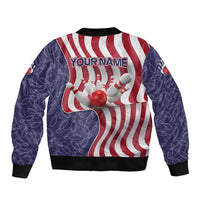 American Flag Bowling Pin Strike Graphic Bomber Jacket with Custom Name and Pattern Background - Wonder Print Shop