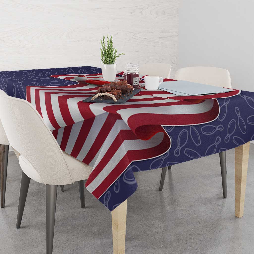 American Flag Bowling Pin Strike Graphic Tablecloth with Custom Name and Pattern Background - Wonder Print Shop