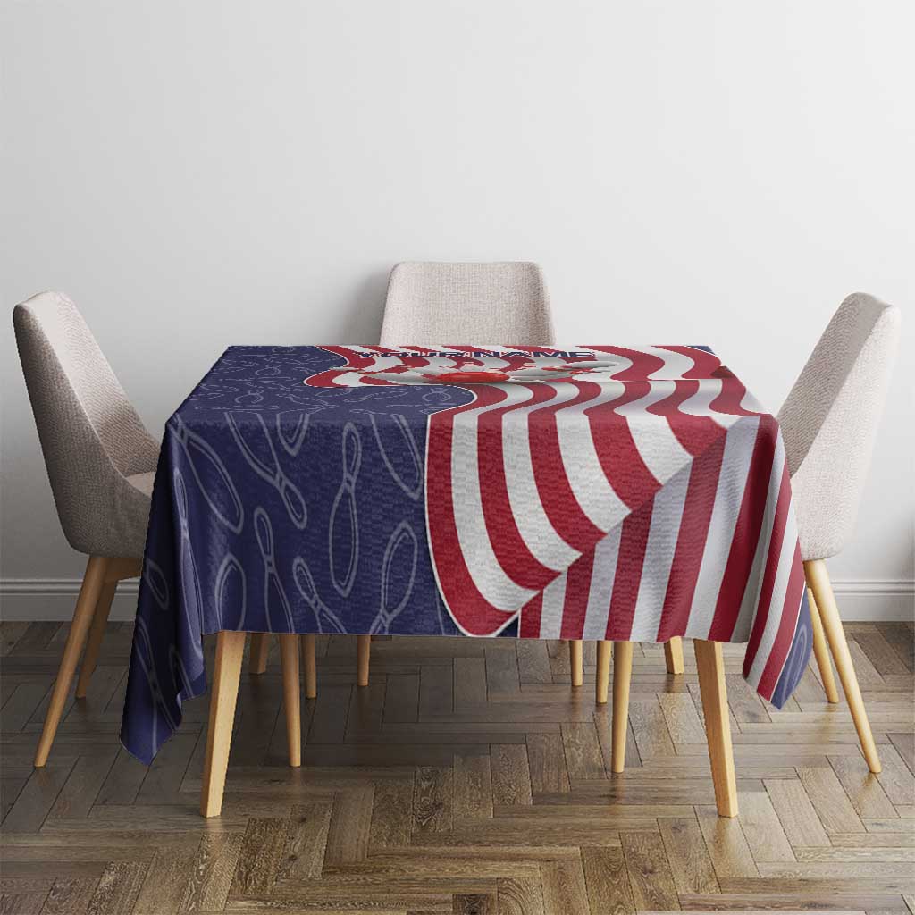 American Flag Bowling Pin Strike Graphic Tablecloth with Custom Name and Pattern Background - Wonder Print Shop
