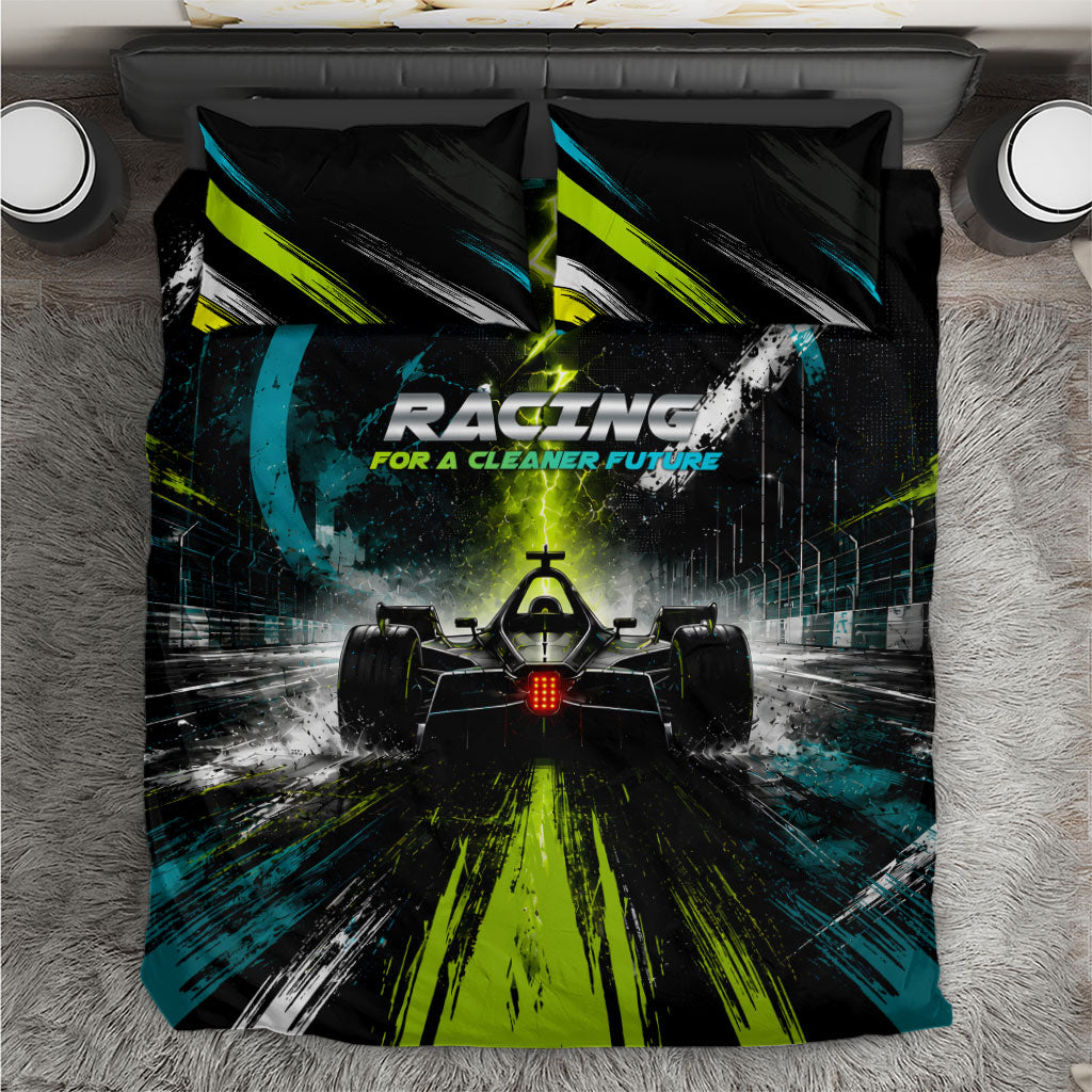 Electric Motorsport Racing Bedding Set Futuristic Formula Car Neon Lightning Speed Art