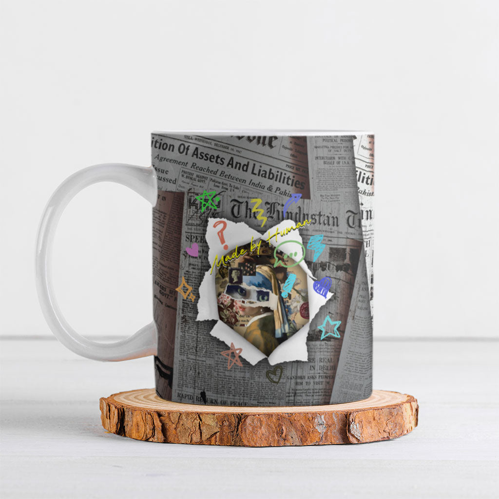 Cat Girl With A Pearl Earring Newspaper Ceramic Mug Made By Human Handmade Mixed Media Pop Art