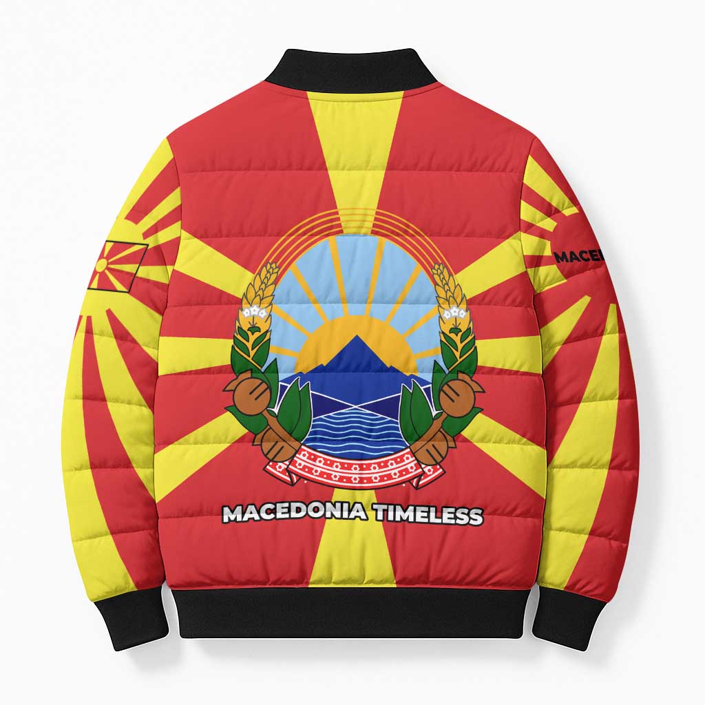 Macedonia Bomber Puffer Jacket with National Emblem and Sunburst Flag Design - Wonder Print Shop