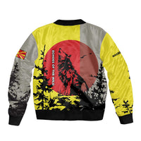 Macedonia Bomber Jacket with Howling Wolf and Sunset Forest Design - Wonder Print Shop