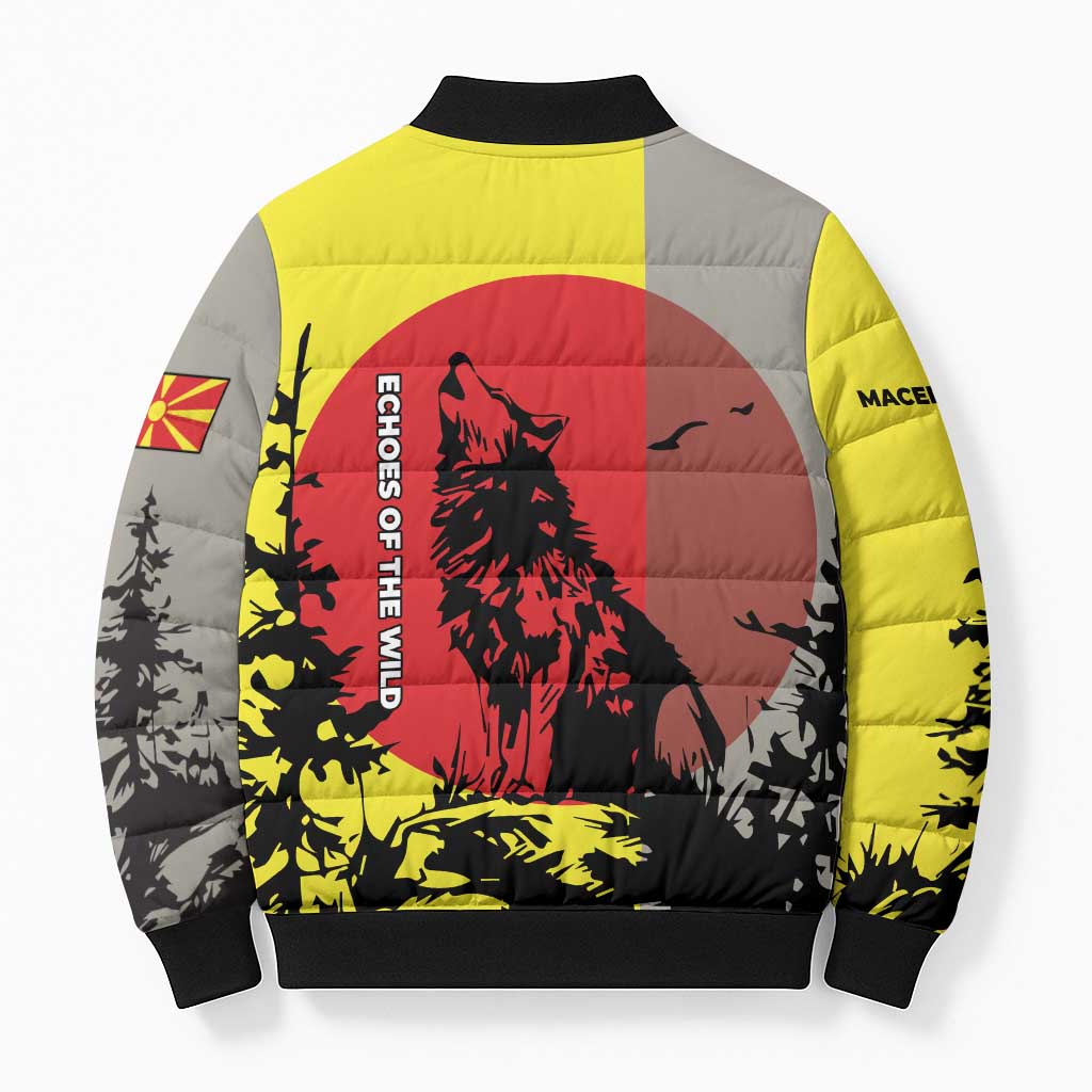 Macedonia Bomber Puffer Jacket with Howling Wolf and Sunset Forest Design - Wonder Print Shop
