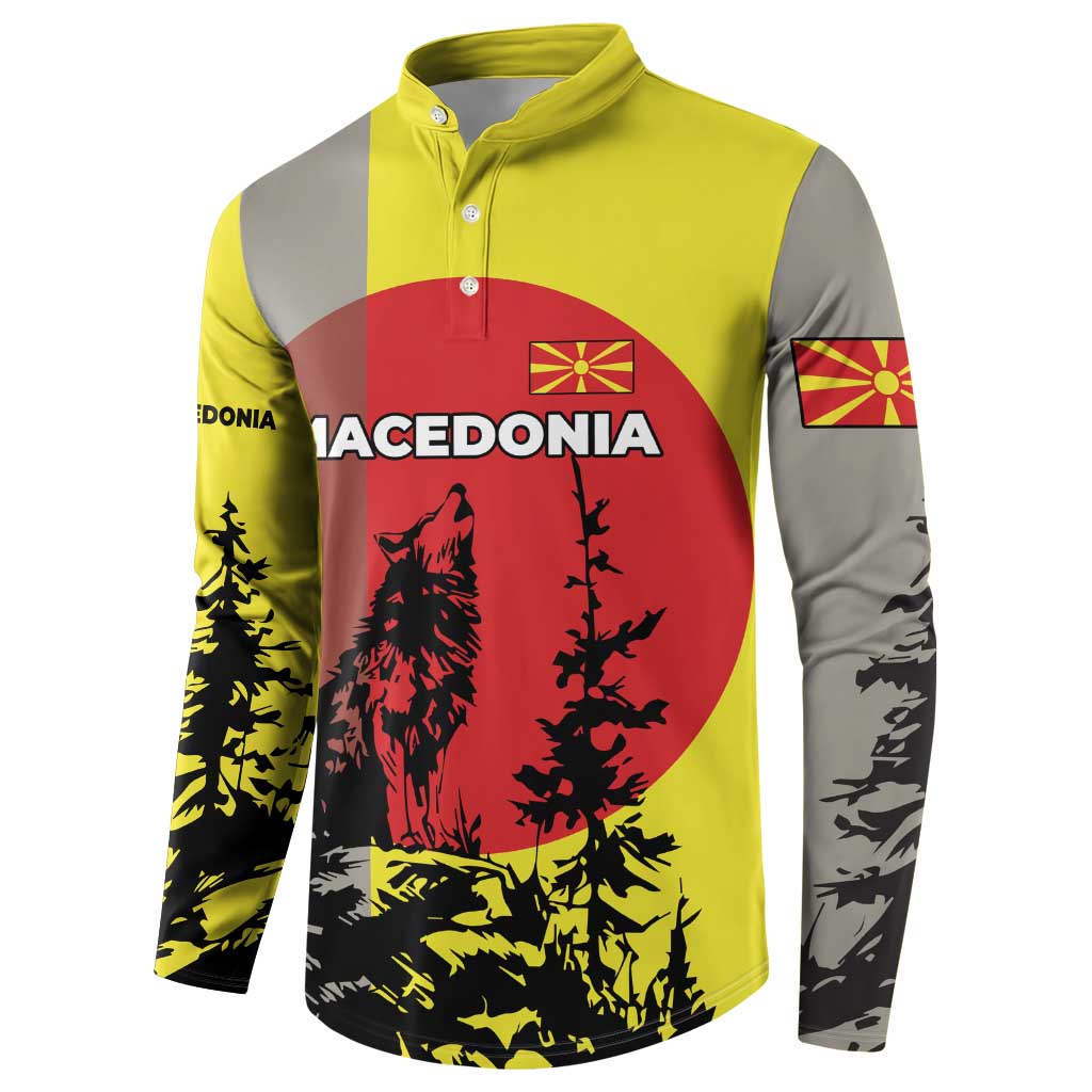 Macedonia Button Sweatshirt with Howling Wolf and Sunset Forest Design - Wonder Print Shop