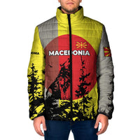 Macedonia Padded Jacket with Howling Wolf and Sunset Forest Design - Wonder Print Shop