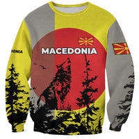Macedonia Sweatshirt with Howling Wolf and Sunset Forest Design - Wonder Print Shop