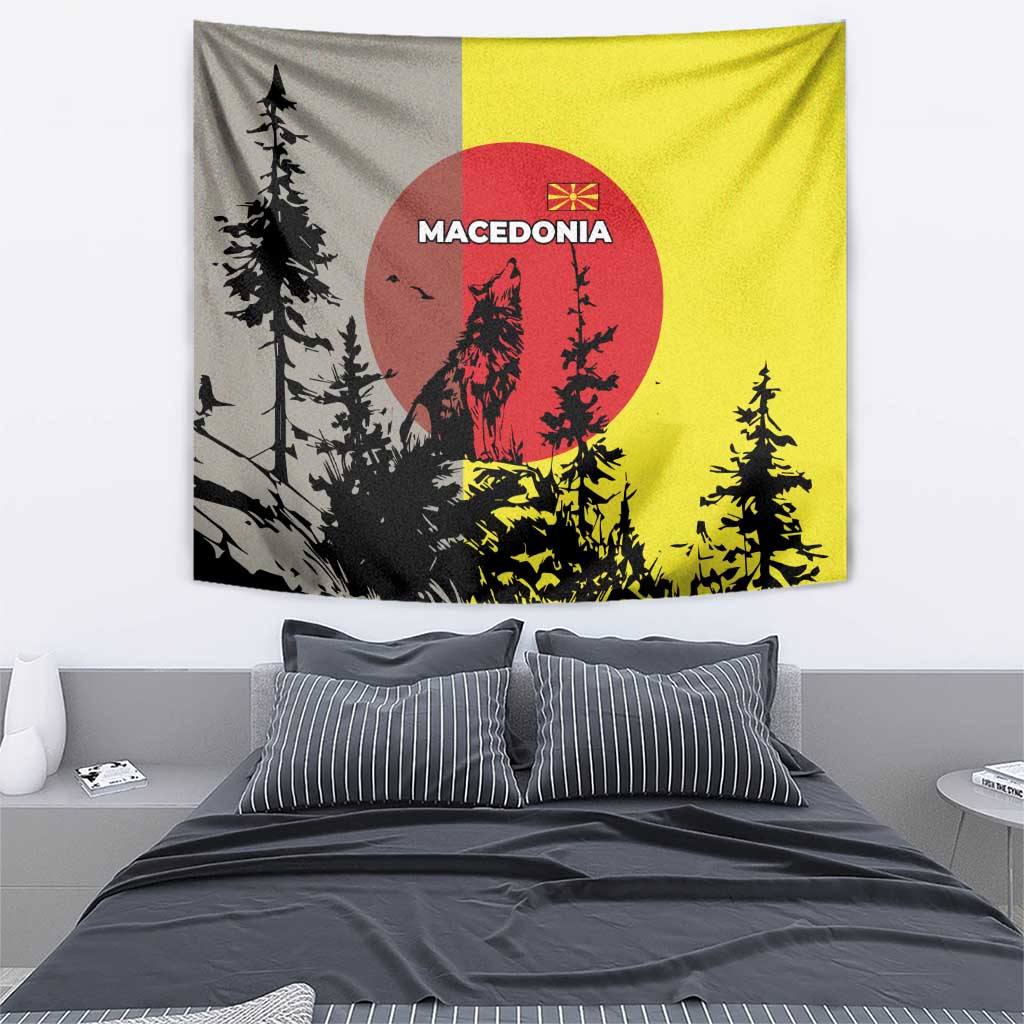 Macedonia Tapestry with Howling Wolf and Sunset Forest Design - Wonder Print Shop