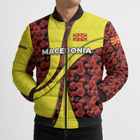 Macedonia Bomber Puffer Jacket with Red Poppy Flower and Curved Panel Design - Wonder Print Shop