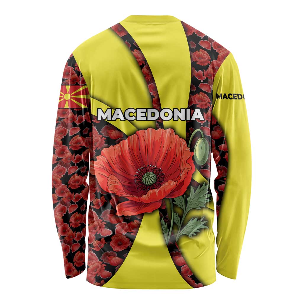 Multicolor long sleeve shirt with large red poppy graphic and curved yellow panels, back view