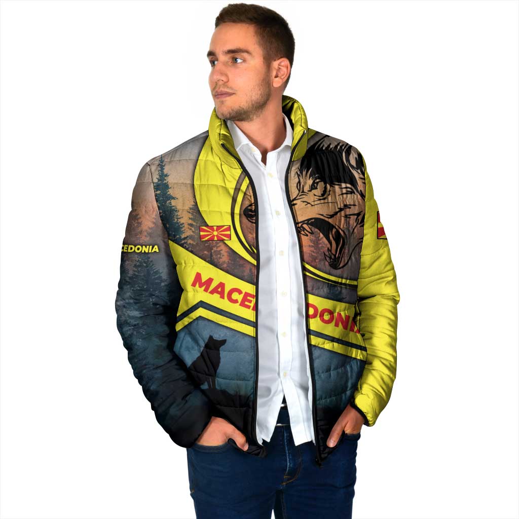 Macedonia Padded Jacket with Forest Wolf and Sunset Silhouette Design - Wonder Print Shop