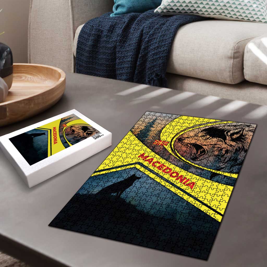 Macedonia Puzzle with Forest Wolf and Sunset Silhouette Design - Wonder Print Shop