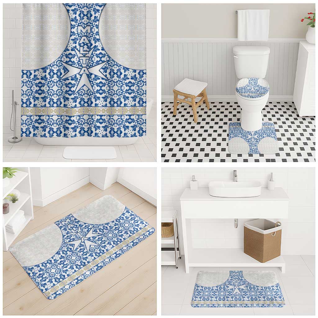 Malta Bathroom Set with Blue White Tile Design and Maltese Cross Pattern - Wonder Print Shop