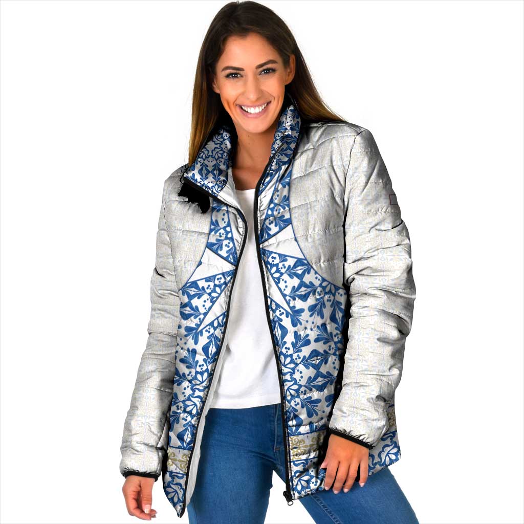 Malta Padded Jacket with Blue White Tile Design and Maltese Cross Pattern - Wonder Print Shop