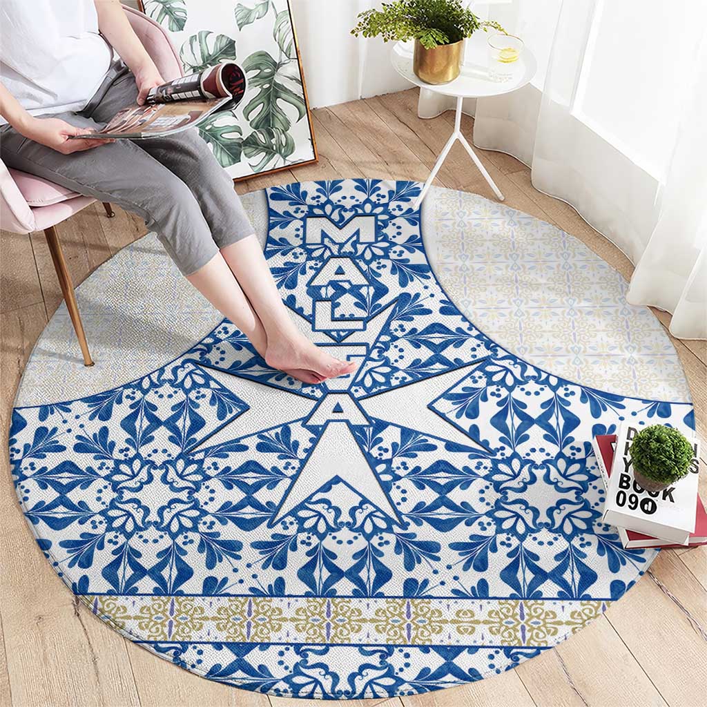 Malta Round Carpet with Blue White Tile Design and Maltese Cross Pattern - Wonder Print Shop