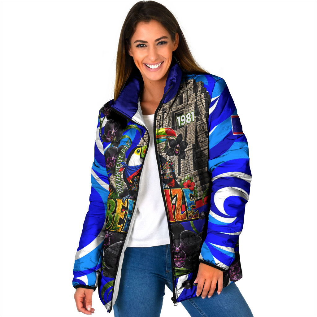 Belize Independence Day 1981 Padded Jacket Toucan Mayan Pyramid Black Orchid Patriotic