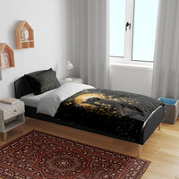 Black Cat Celestial Moon Bedding Set Mystical Gold Floral Night Sky