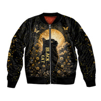 Black Cat Celestial Moon Bomber Jacket Mystical Gold Floral Night Sky