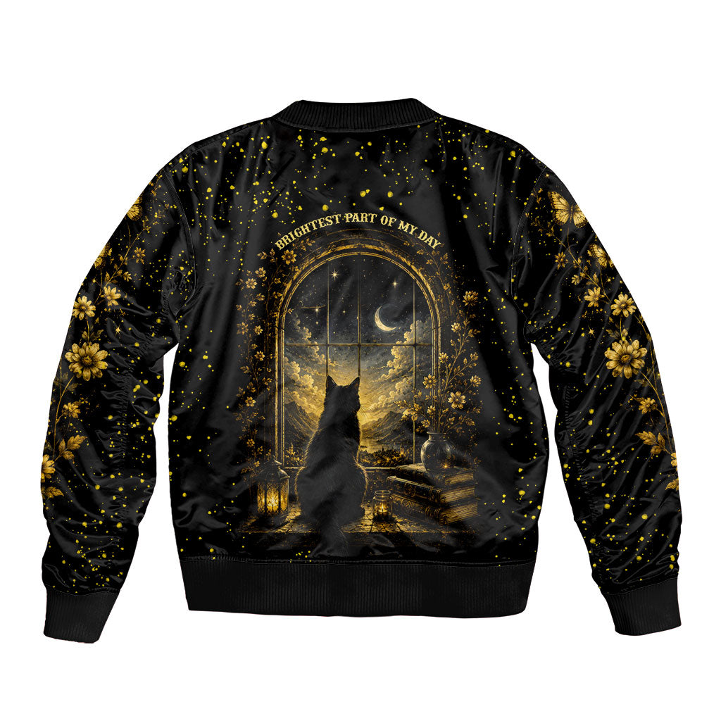 Black Cat Celestial Moon Bomber Jacket Mystical Gold Floral Night Sky