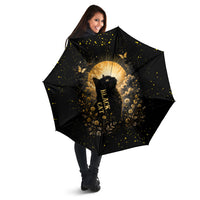Black Cat Celestial Moon Umbrella Mystical Gold Floral Night Sky