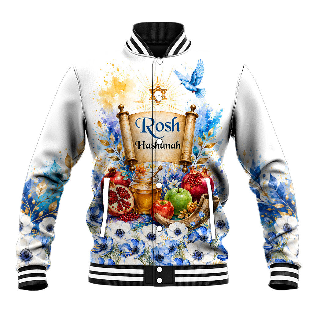 Rosh Hashanah Jewish New Year Baseball Jacket Watercolor Floral Apples Honey - Shofar Jewish Holiday