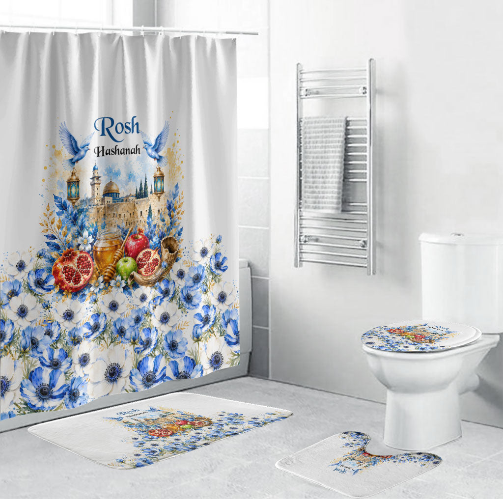 Rosh Hashanah Jewish New Year Bathroom Set Watercolor Floral Apples Honey - Shofar Jewish Holiday