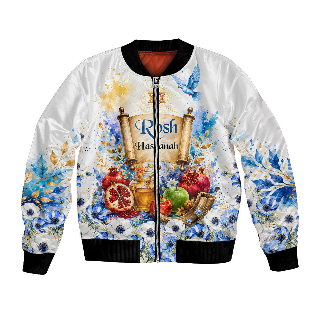 Rosh Hashanah Jewish New Year Bomber Jacket Watercolor Floral Apples Honey - Shofar Jewish Holiday