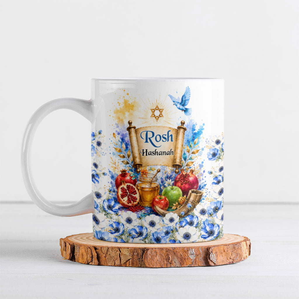 Rosh Hashanah Jewish New Year Ceramic Mug Watercolor Floral Apples Honey - Shofar Jewish Holiday