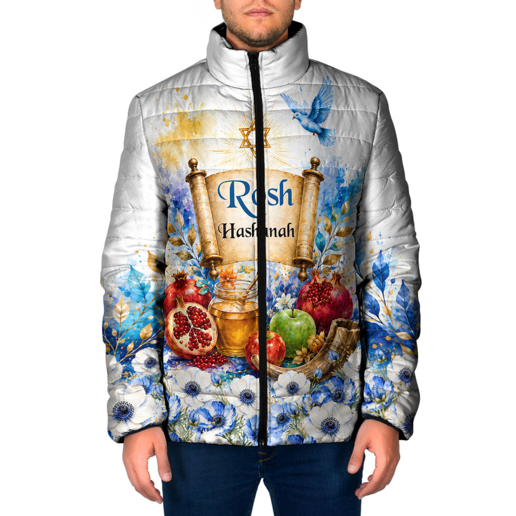 Rosh Hashanah Jewish New Year Padded Jacket Watercolor Floral Apples Honey - Shofar Jewish Holiday