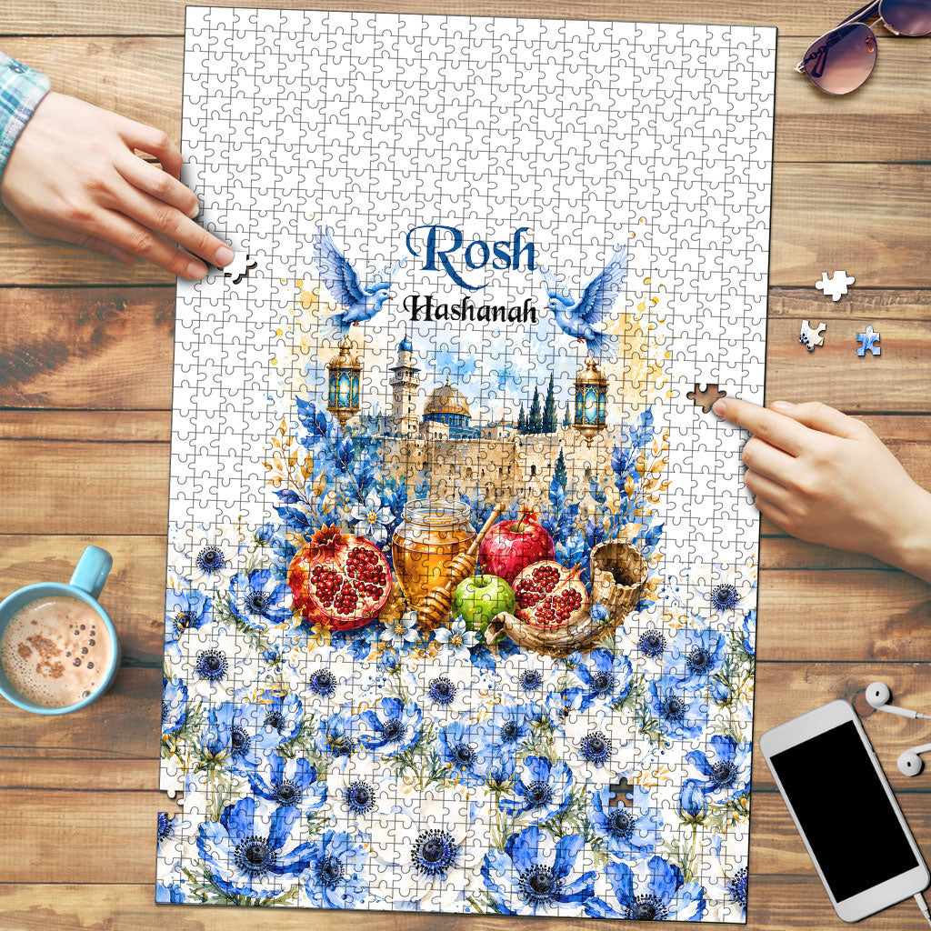 Rosh Hashanah Jewish New Year Puzzle Watercolor Floral Apples Honey - Shofar Jewish Holiday
