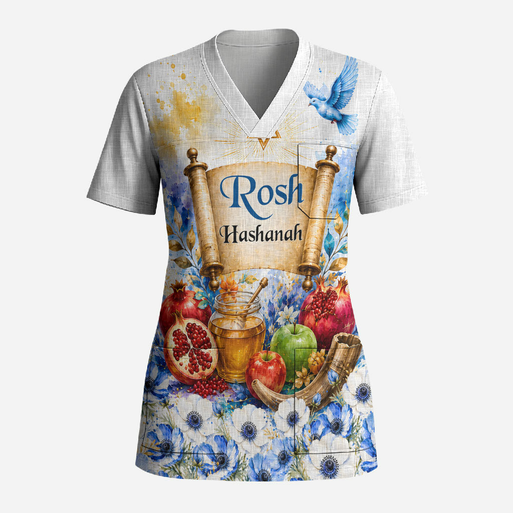 Rosh Hashanah Jewish New Year Scrub Top Watercolor Floral Apples Honey - Shofar Jewish Holiday