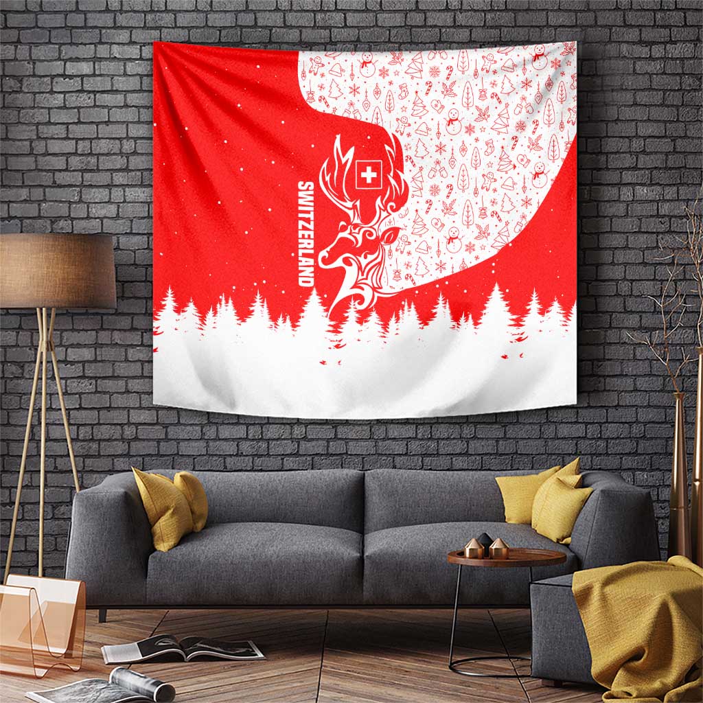 Switzerland Christmas Tapestry with Red Reindeer Snow Forest and Holiday Icon - Wonder Print Shop
