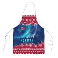 Red and blue Christmas apron with Norway text, northern lights, and snowflake pattern