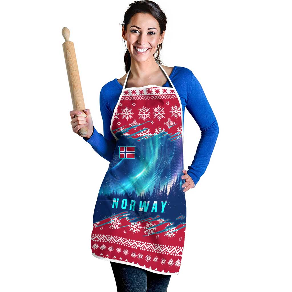 Red and blue Christmas apron with white straps, Norway print, northern lights, snowflakes