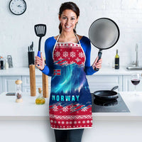 Red and blue Christmas apron with Norway text and northern lights over snowflake border