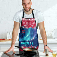 Red and blue Christmas apron with black straps, Norway print, northern lights, snowflakes