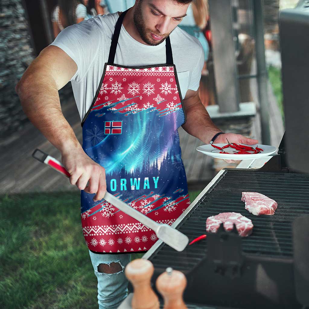 Red and blue Christmas apron with Norway text and northern lights, snowflake pattern