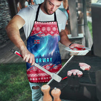 Red and blue Christmas apron with Norway text and northern lights, snowflake pattern