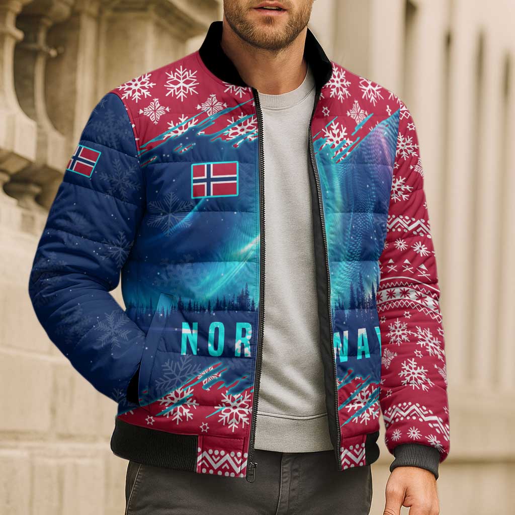Norway Christmas Bomber Puffer Jacket with Northern Lights Snowflake Pattern and Nordic Forest - Wonder Print Shop