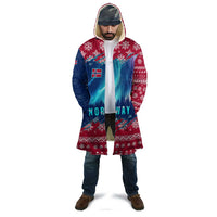 Unisex red and blue hooded cloak with Norway text, snowflakes, and northern lights