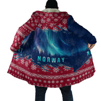 Back view: red and blue hooded cloak with Norway text and northern lights snowflake print