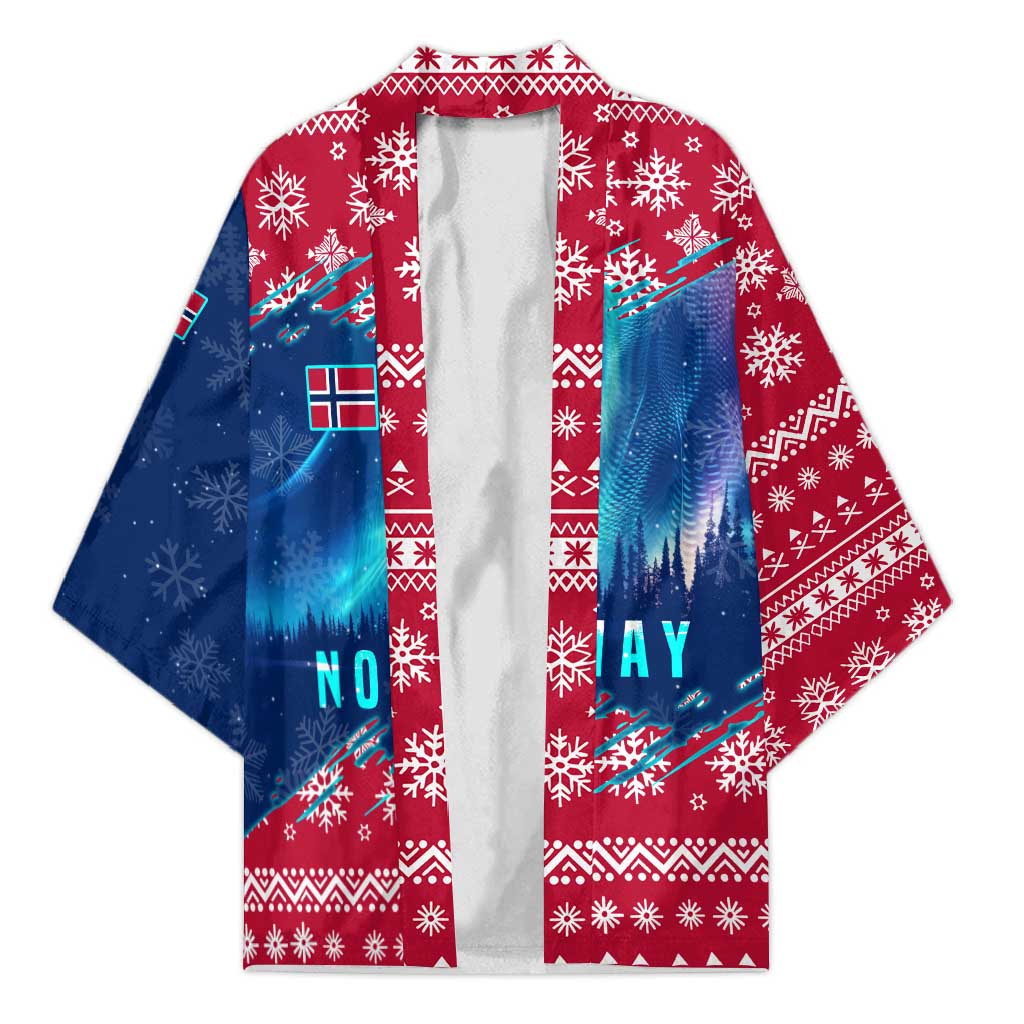 Unisex Christmas kimono with open front, red-and-blue snowflake and northern lights print