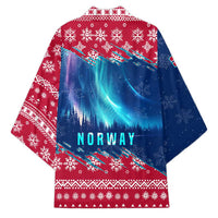 Unisex Christmas kimono back, red snowflake border with blue northern lights scene