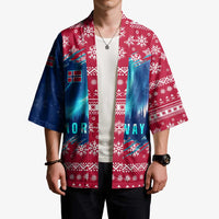 Unisex Christmas kimono with open V-neck front, red snowflakes and blue aurora print