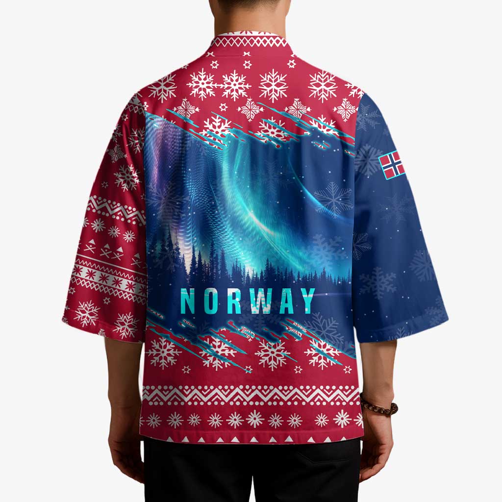 Unisex Christmas kimono back, red-and-blue snowflake trim with blue aurora and NORWAY lettering