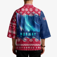 Unisex Christmas kimono back, red-and-blue snowflake trim with blue aurora and NORWAY lettering