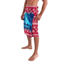 Red holiday lavalava with northern lights print, NORWAY text, and snowflake trim
